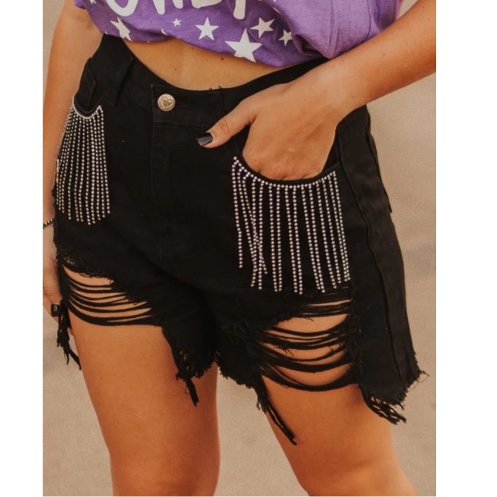Elvis hi waist destroyed shorts with rhinestone detail size L